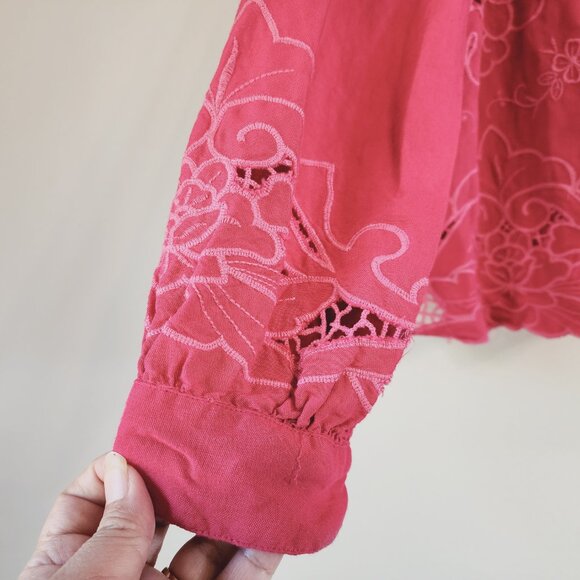 Anthropologie Women The Lainie Longsleeve Lace Cutwork Blouse Pink XL LinenBlend - Picture 9 of 16